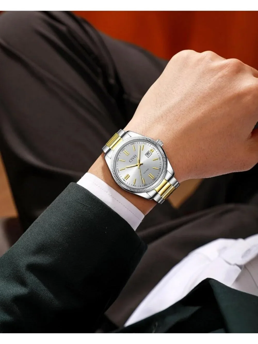 Mens Silver Gold Analog Quartz Skeleton Stainless Steel Round Casual Wrist Watch